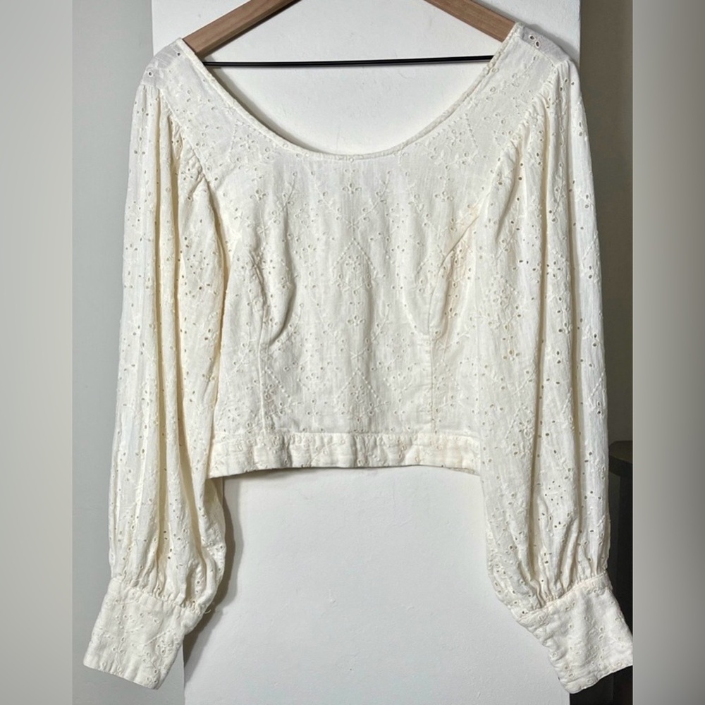Free People Cream Eyelet Long Sleeve Cropped Blouse